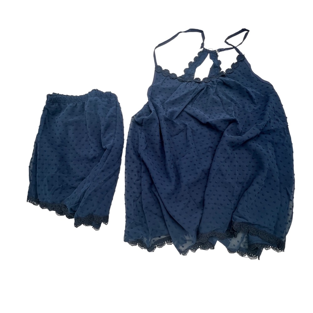 Aibrou Navy Blue Swiss Dot Lace Trim Cami and Shorts Pajama Set 2-Piece NEW